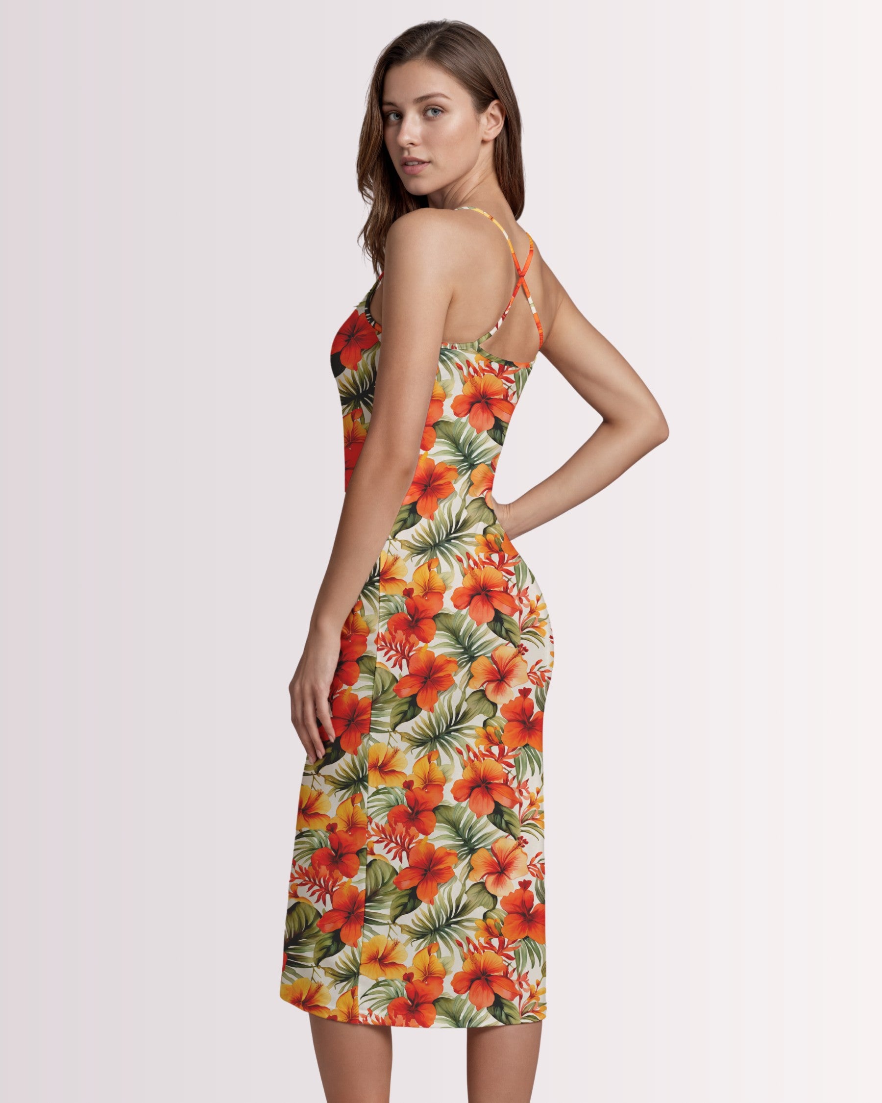 Womens Bodycon Midi Dress - Sunset Bloom