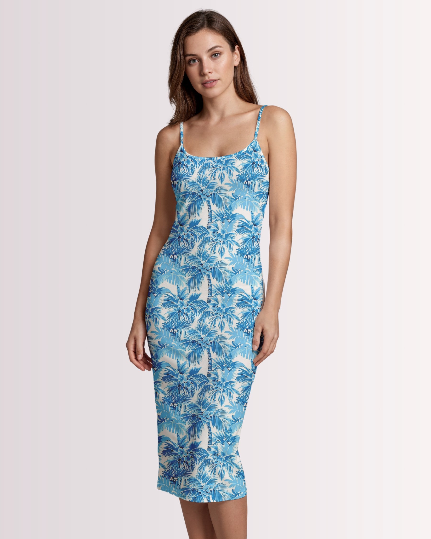 Womens Bodycon Midi Dress - Blue Palm Trees I