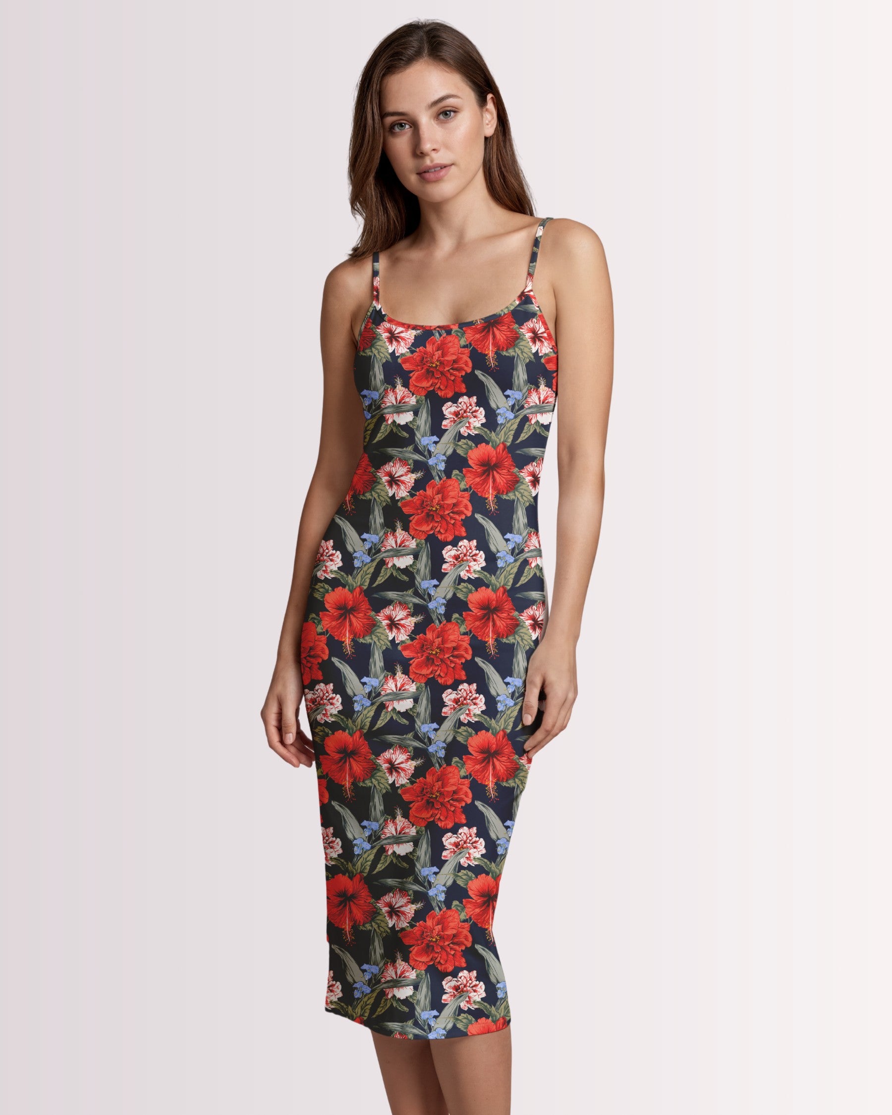 Womens Bodycon Midi Dress - Tropical Floral IX