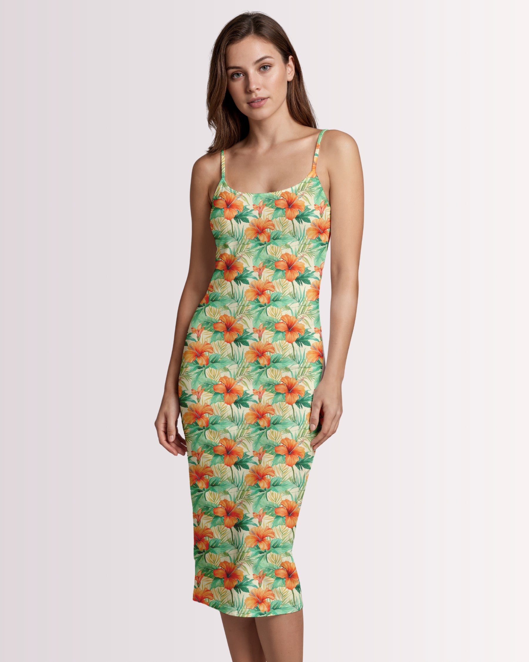 Womens Bodycon Midi Dress - Tropical Hawaiian VI