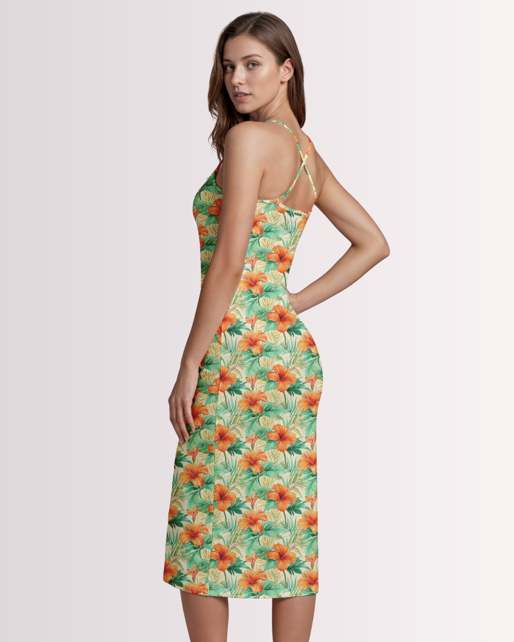Womens Bodycon Midi Dress - Tropical Hawaiian VI