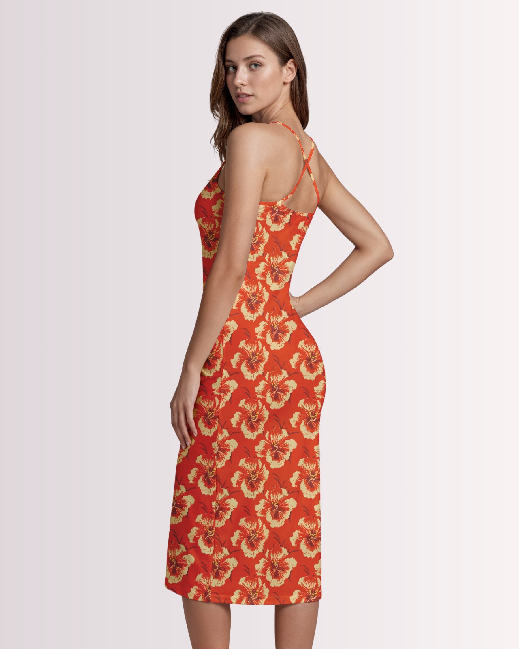 Womens Bodycon Midi Dress - Red Hawaiian I