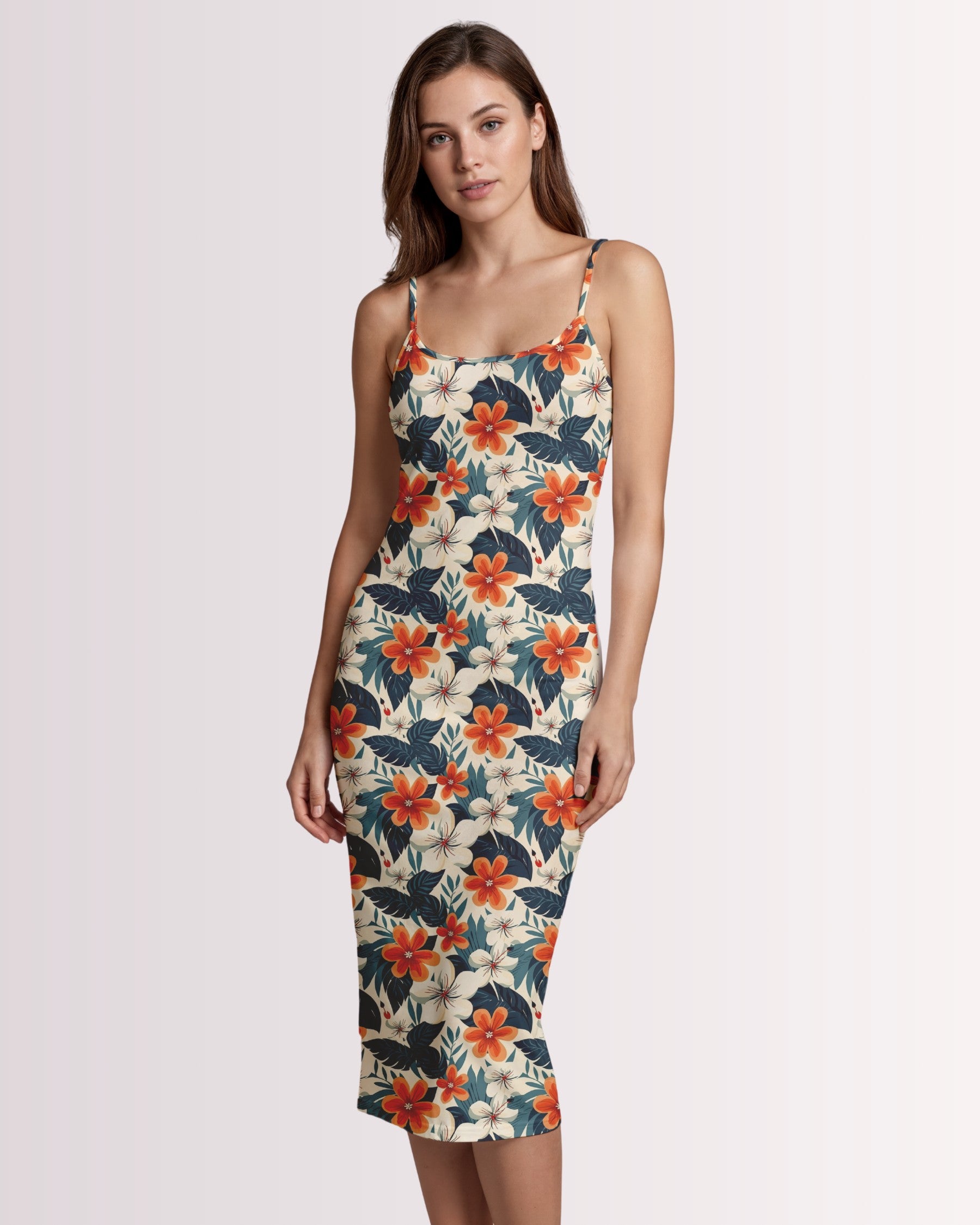 Womens Bodycon Midi Dress - Tropical Floral II