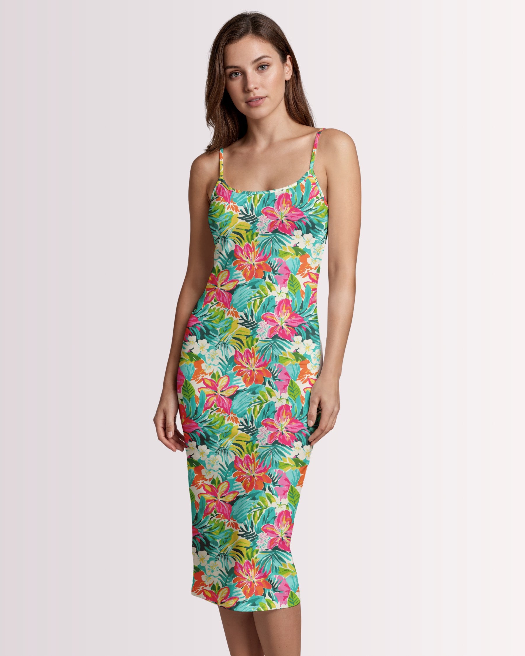 Womens Bodycon Midi Dress - Tropical Hawaiian III