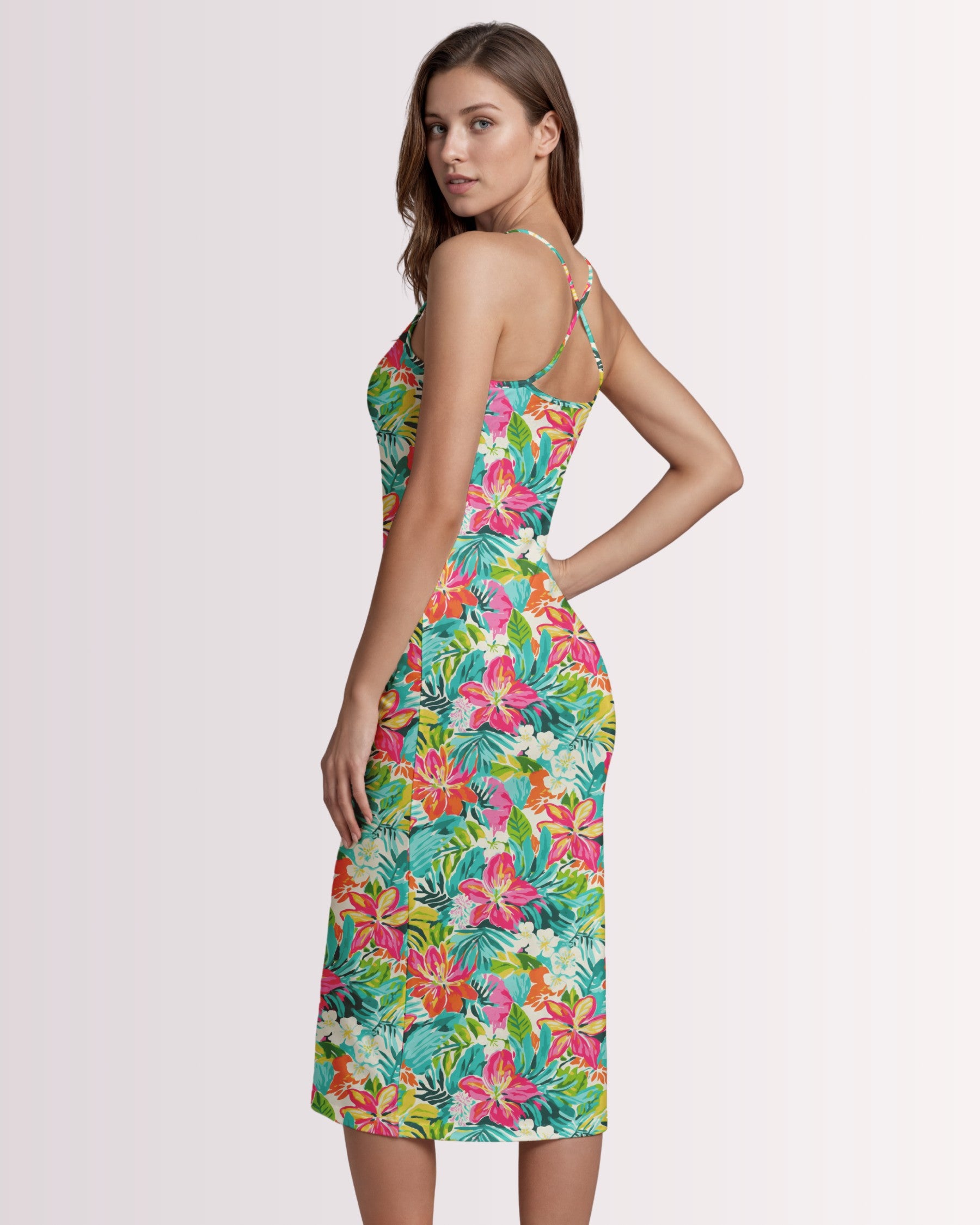Womens Bodycon Midi Dress - Tropical Hawaiian III