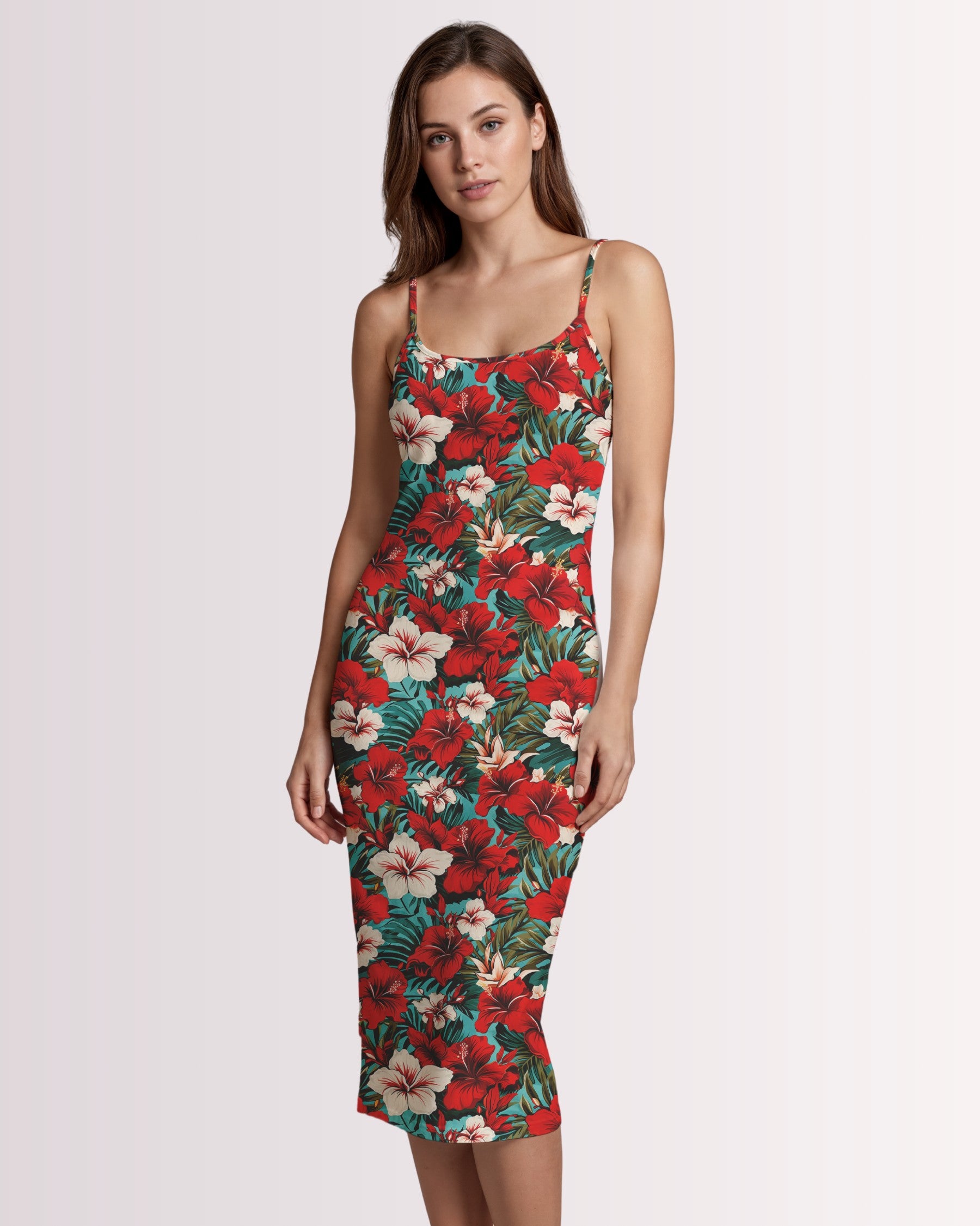 Womens Bodycon Midi Dress - Red Hawaiian II