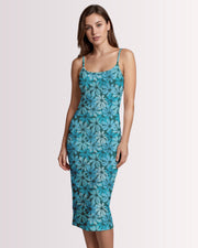 Womens Bodycon Midi Dress - Tropical Blue Floral I
