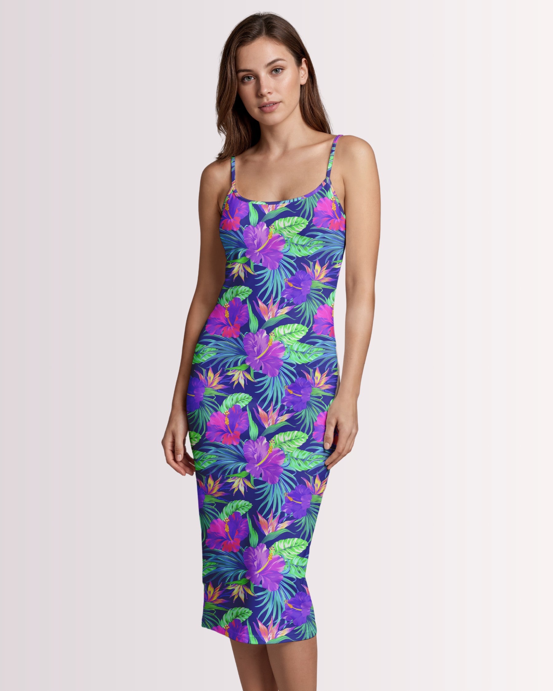 Womens Bodycon Midi Dress - Purple Hawaiian IV