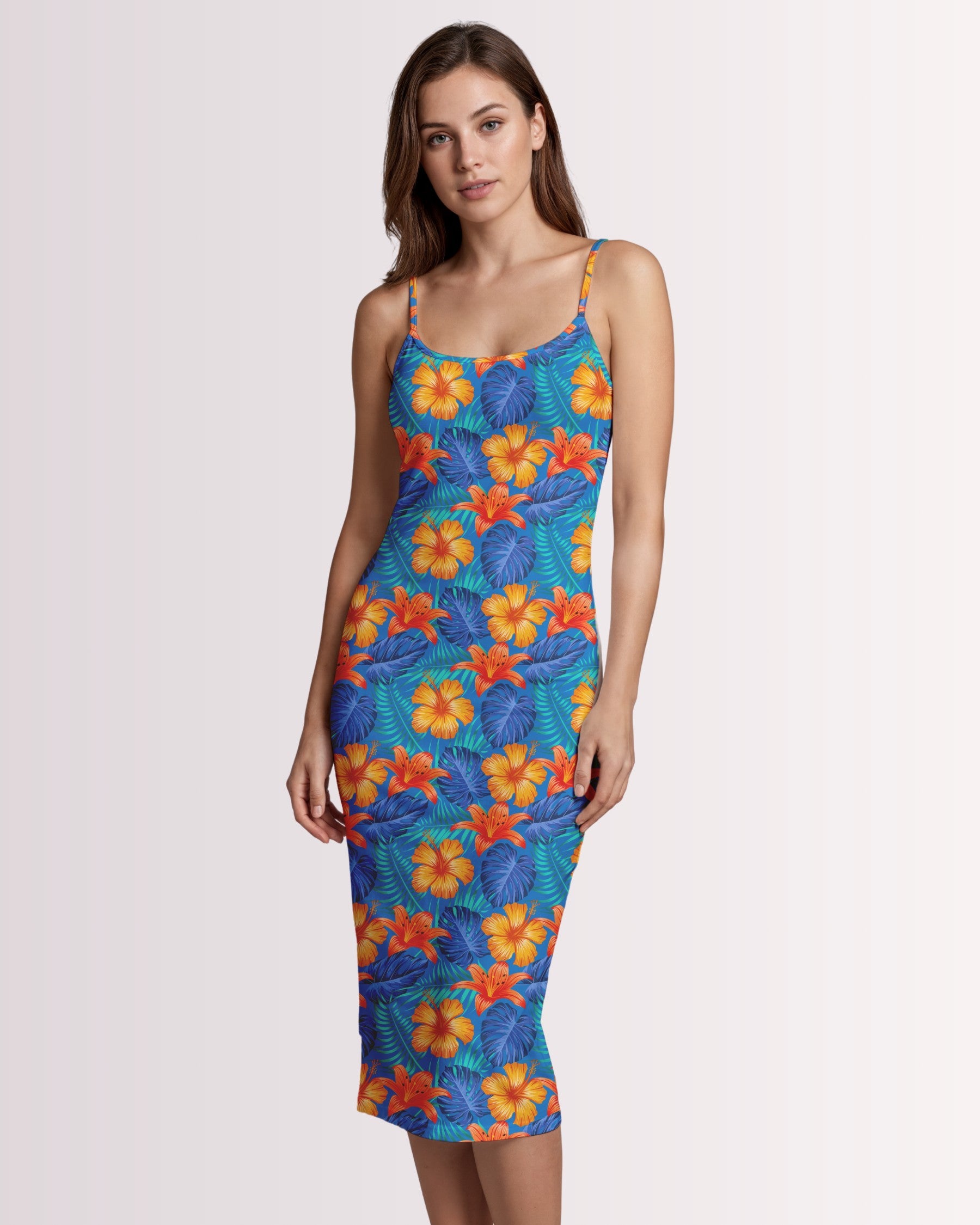Womens Bodycon Midi Dress - Hawaiian Tropix II