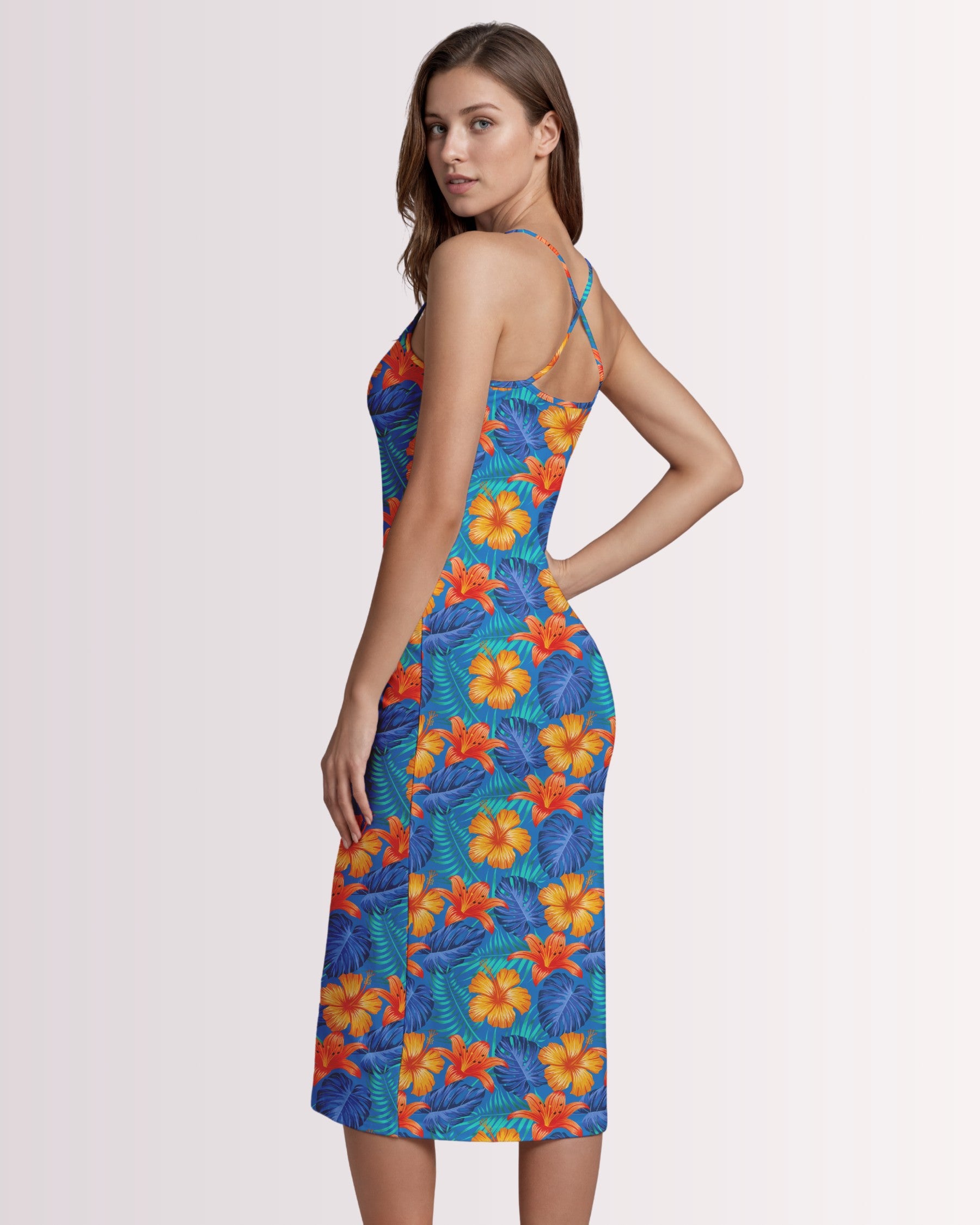 Womens Bodycon Midi Dress - Hawaiian Tropix II