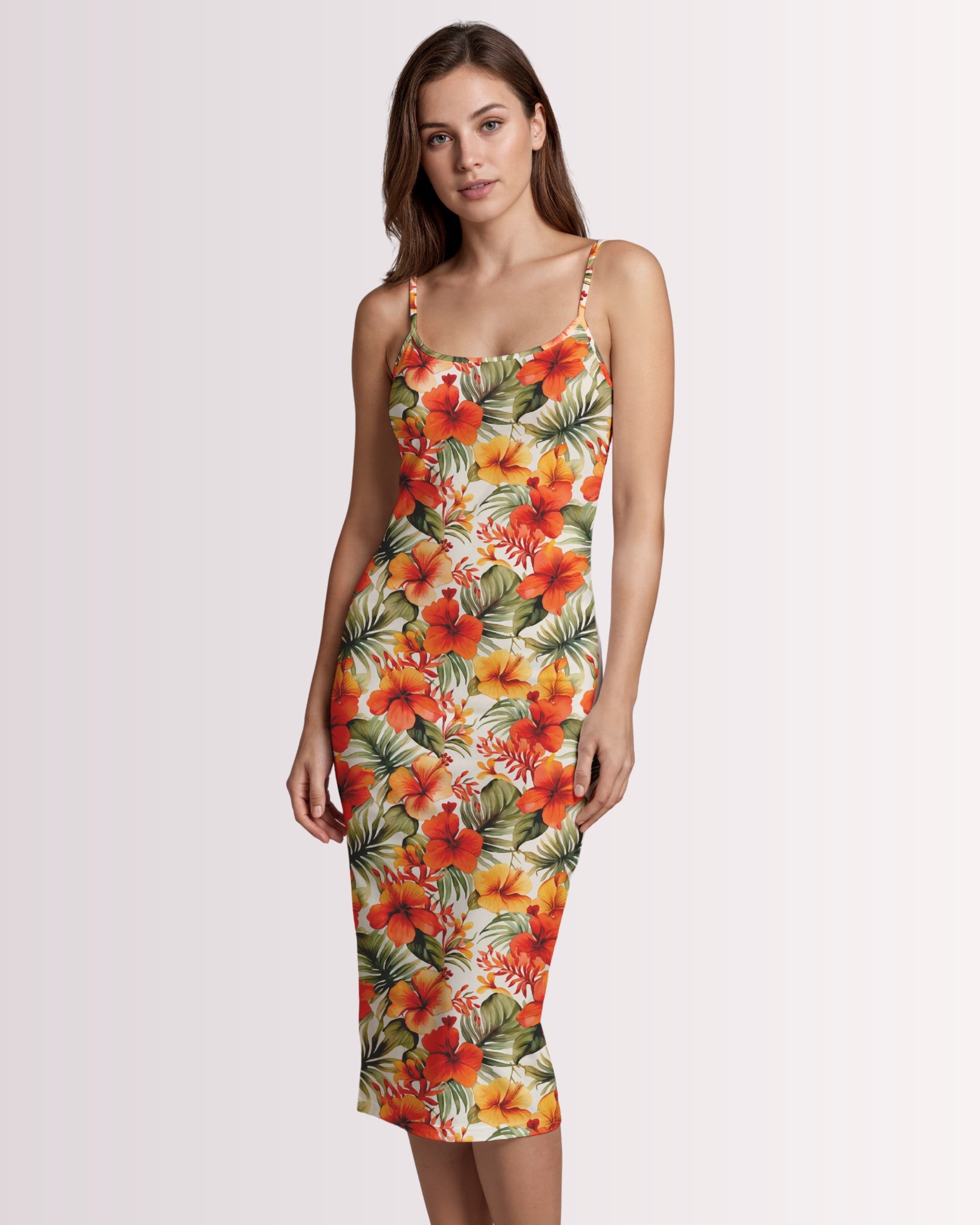 Womens Bodycon Midi Dress - Orange Hawaiian III