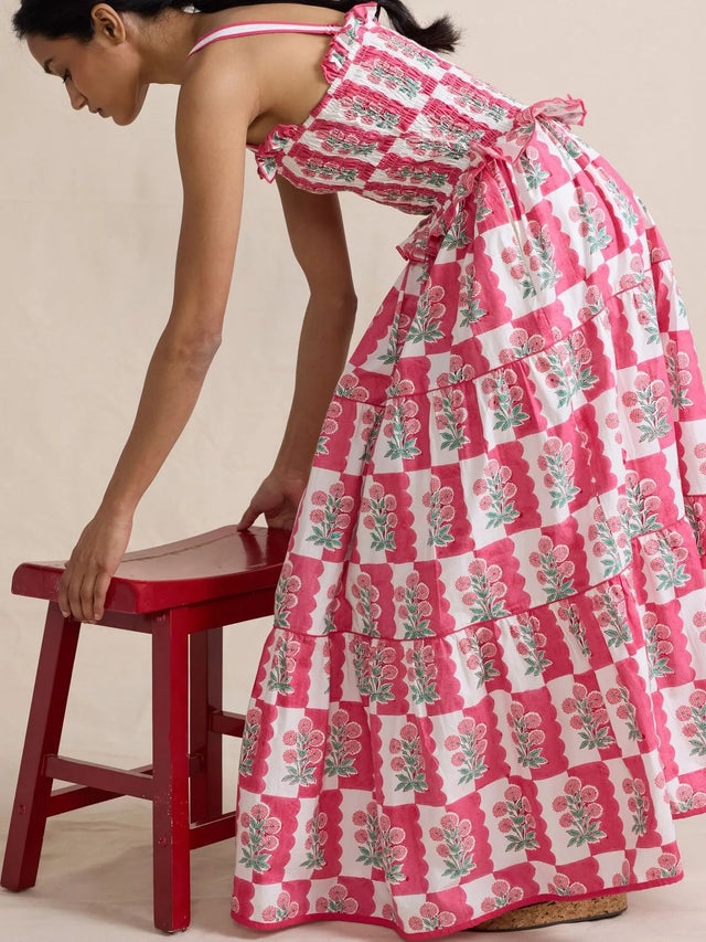 Bohemian Floral Print Smocked Tiered Maxi Dress.