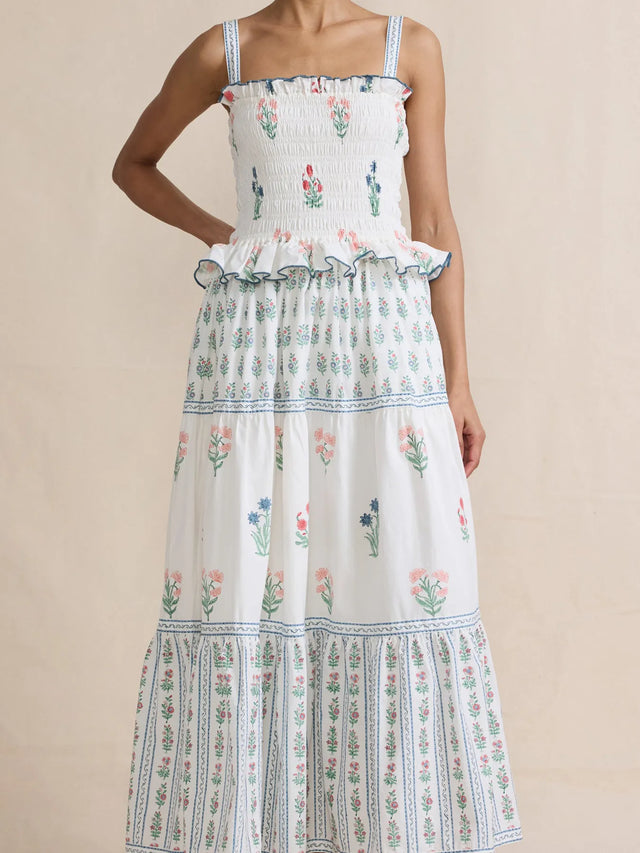 Bohemian Floral Print Smocked Tiered Maxi Dress.