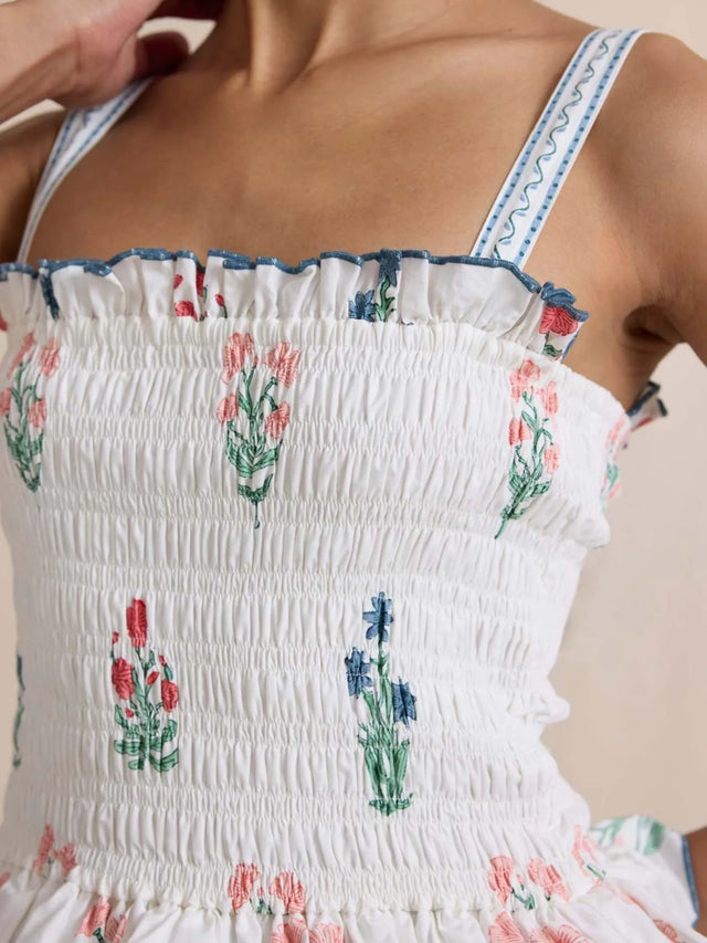 Bohemian Floral Print Smocked Tiered Maxi Dress.