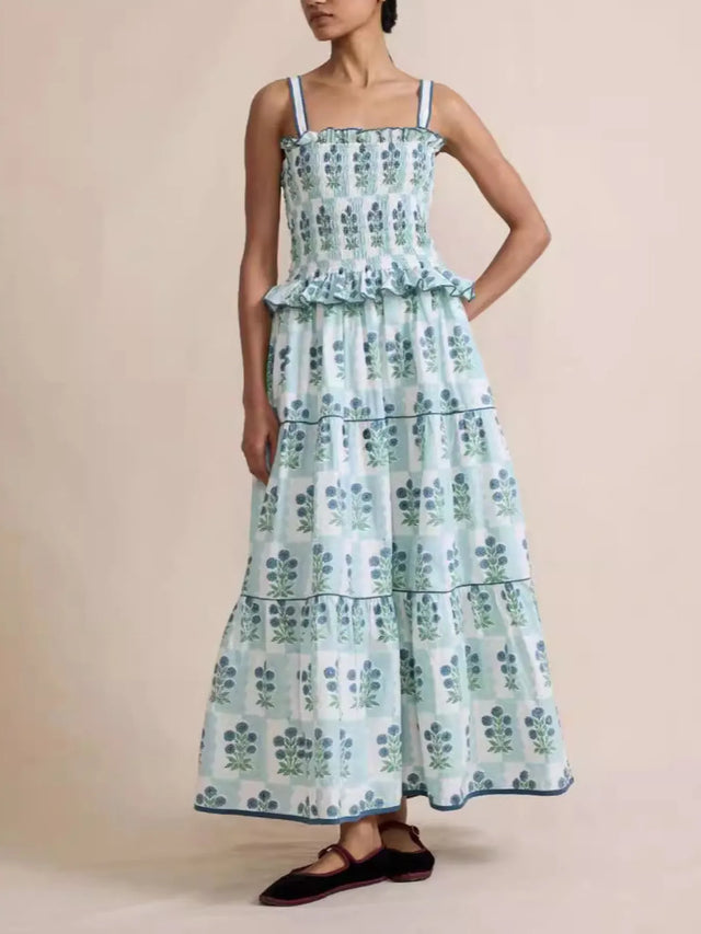 Bohemian Floral Print Smocked Tiered Maxi Dress.