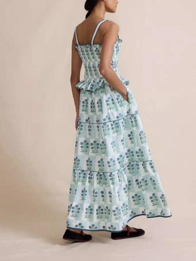 Bohemian Floral Print Smocked Tiered Maxi Dress.
