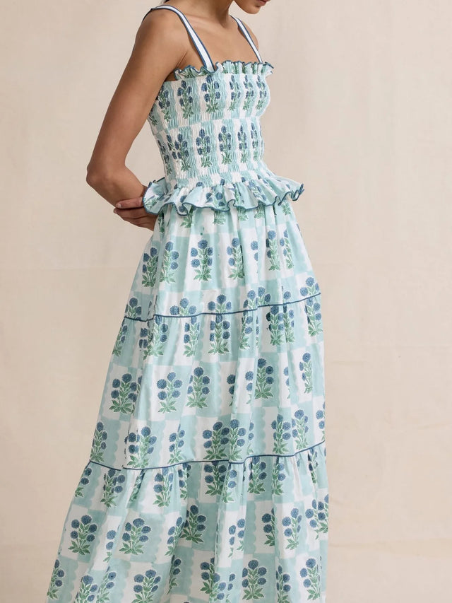 Bohemian Floral Print Smocked Tiered Maxi Dress.