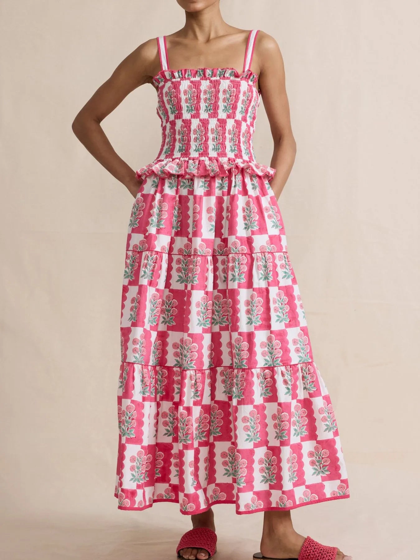 Bohemian Floral Print Smocked Tiered Maxi Dress.