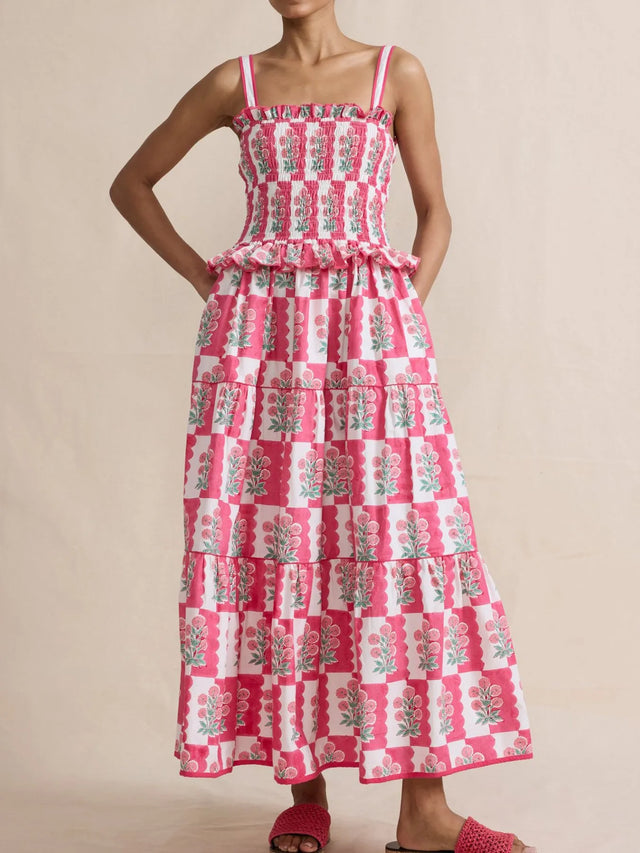 Bohemian Floral Print Smocked Tiered Maxi Dress.