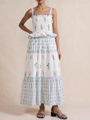 Bohemian Floral Print Smocked Tiered Maxi Dress.