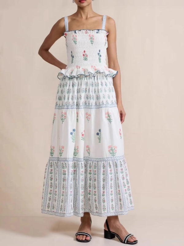 Bohemian Floral Print Smocked Tiered Maxi Dress.