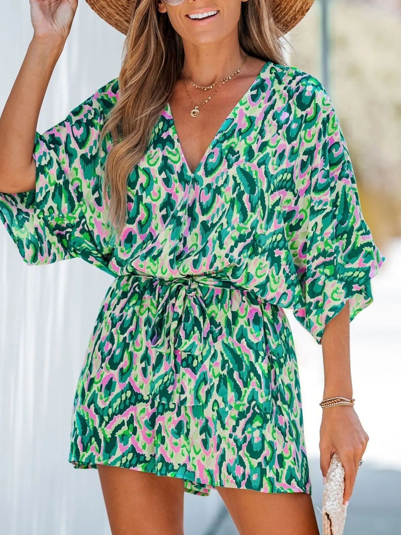 Bohemian Floral Print V-Neck Batwing Sleeve Romper