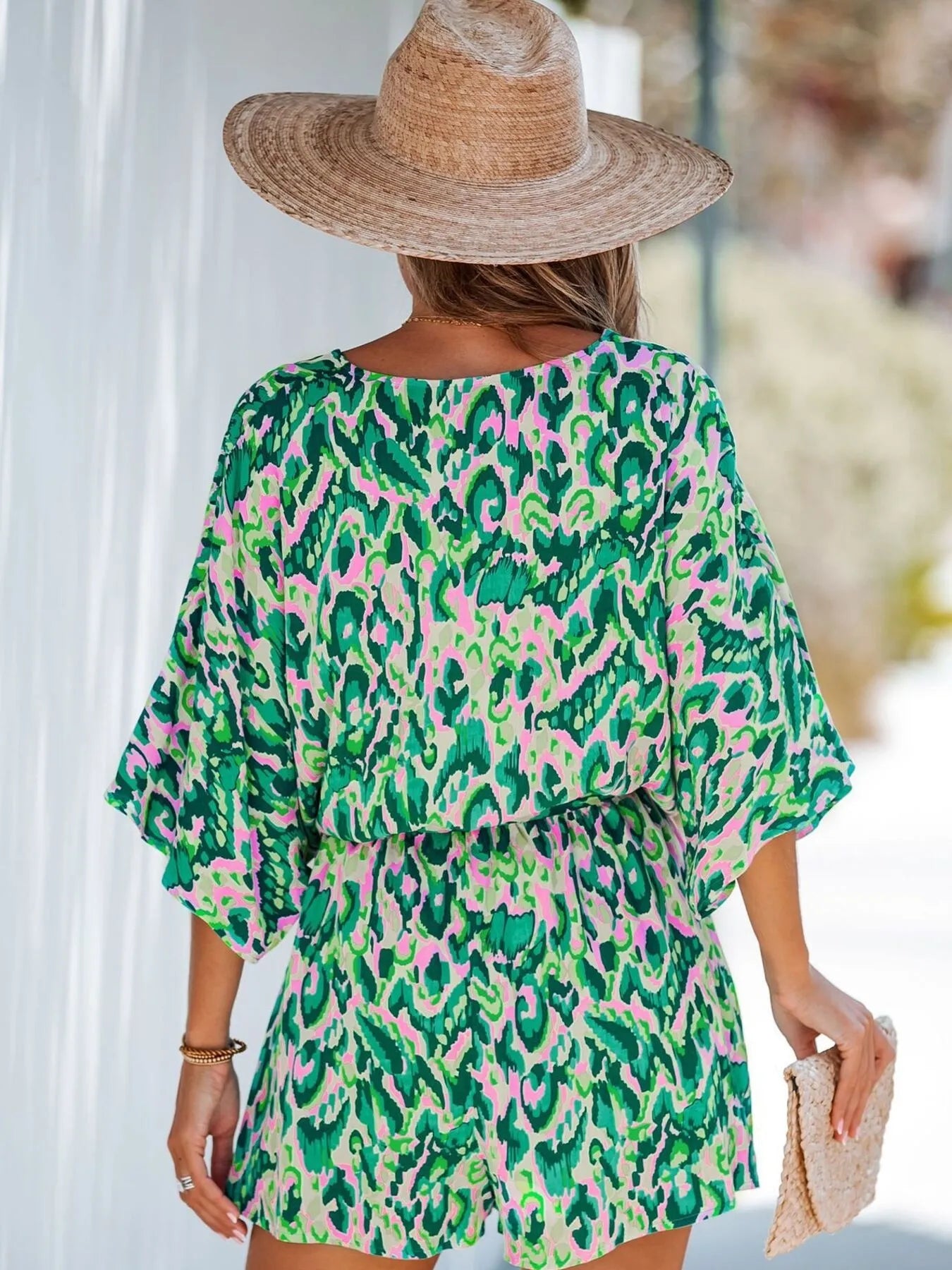 Bohemian Floral Print V-Neck Batwing Sleeve Romper