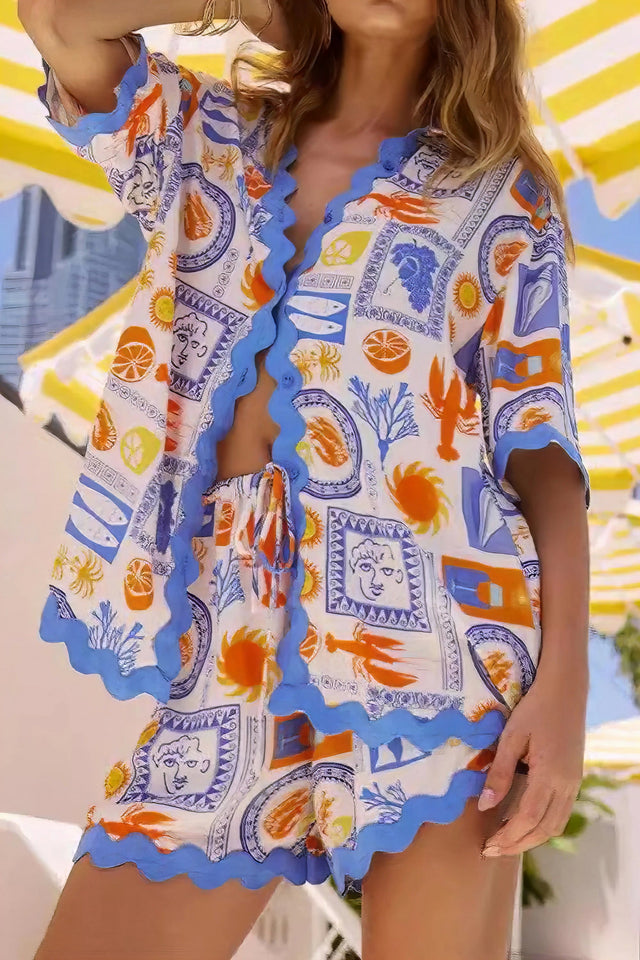 bohemian print shirt and shorts set, women's boho outfit, relaxed fit button-up top, flowy shorts, summer two-piece set, comfortable vacation wear, unique pattern clothing, casual fashion set