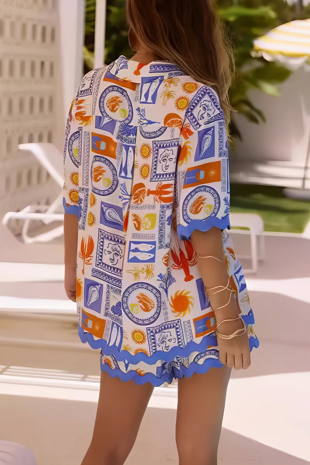 bohemian print shirt and shorts set, women's boho outfit, relaxed fit button-up top, flowy shorts, summer two-piece set, comfortable vacation wear, unique pattern clothing, casual fashion set