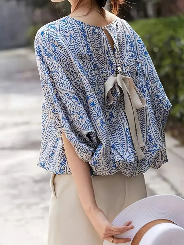 Bohemian Print Round Neck Loose Batwing Sleeve Blouse.