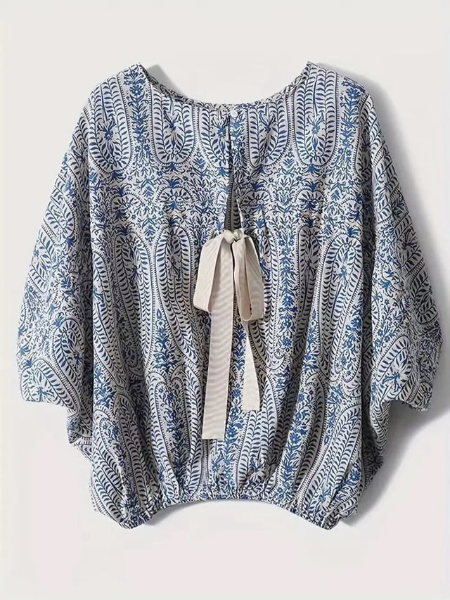 Bohemian Print Round Neck Loose Batwing Sleeve Blouse.