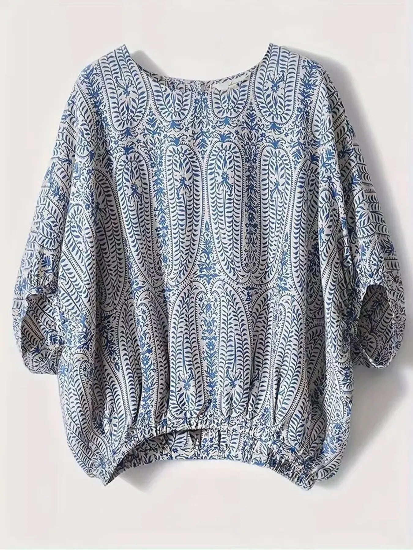 Bohemian Print Round Neck Loose Batwing Sleeve Blouse.