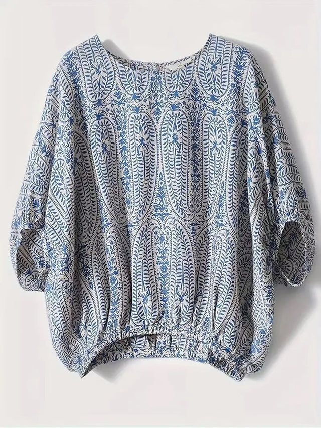 Bohemian Print Round Neck Loose Batwing Sleeve Blouse.