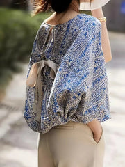 Bohemian Print Round Neck Loose Batwing Sleeve Blouse.