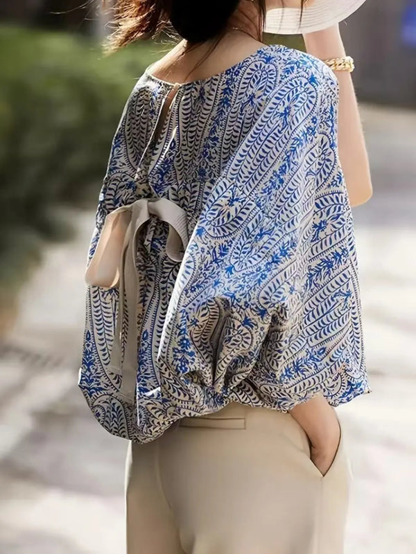 Bohemian Print Round Neck Loose Batwing Sleeve Blouse.
