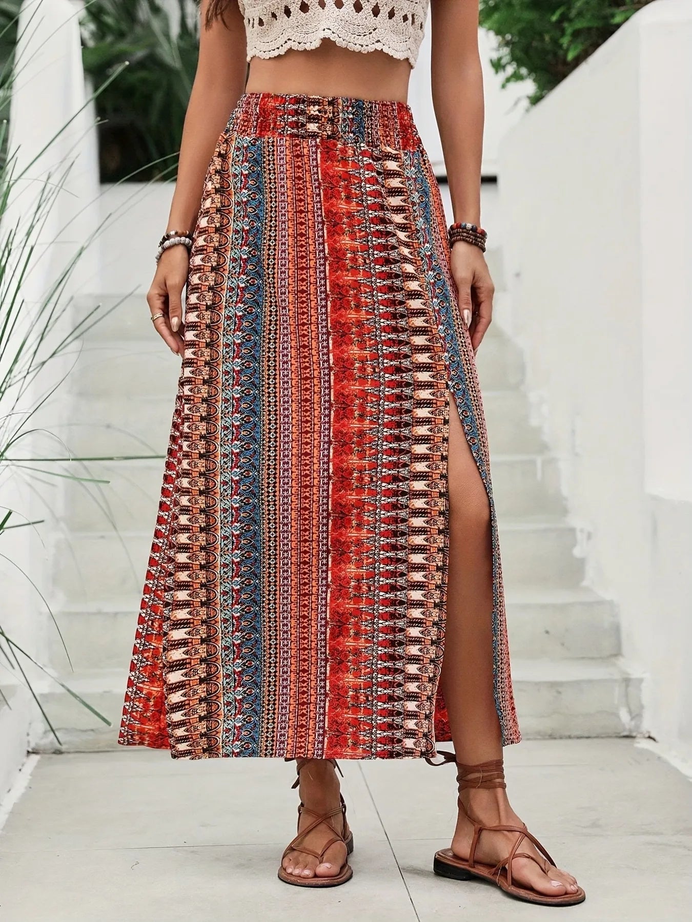 Bohemian Print Split Maxi Skirt.