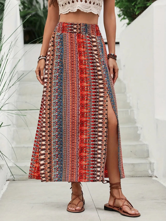 Bohemian Print Split Maxi Skirt.