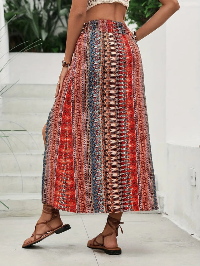 Bohemian Print Split Maxi Skirt.