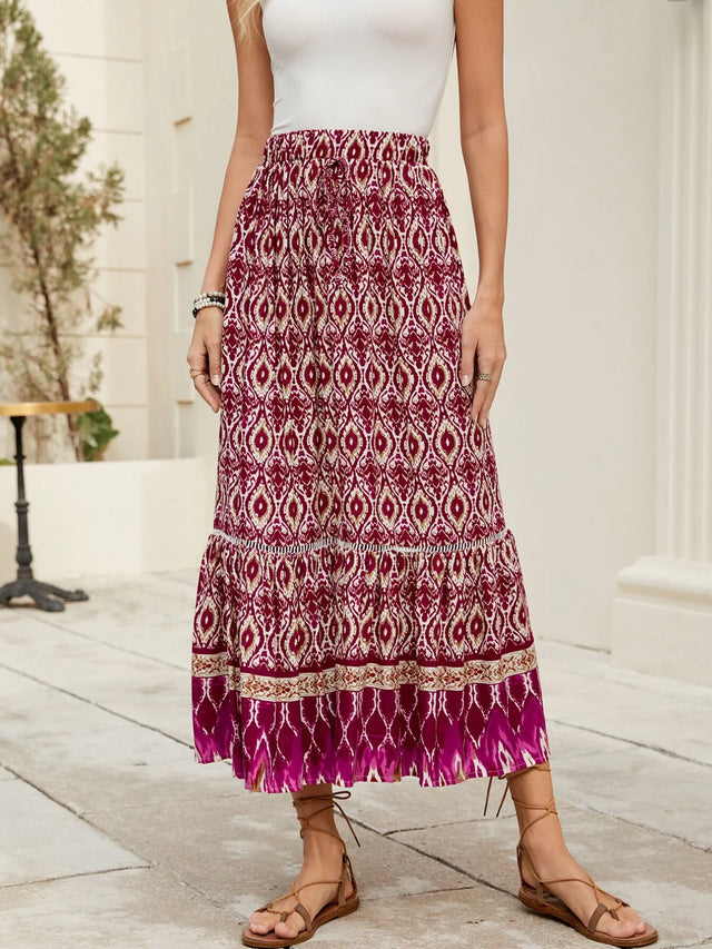 Bohemian Printed Ruched Maxi Skirt.