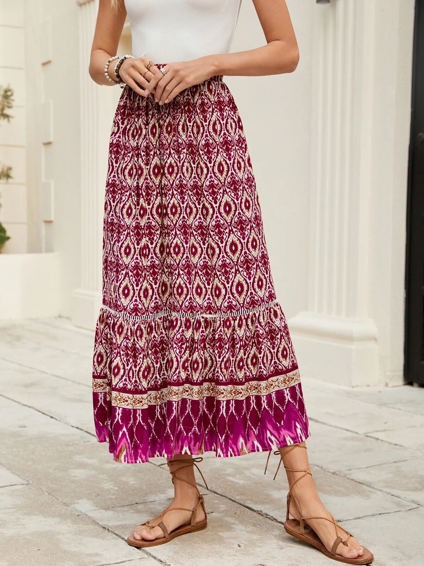Bohemian Printed Ruched Maxi Skirt.