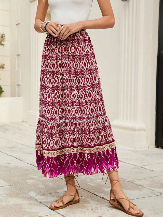 Bohemian Printed Ruched Maxi Skirt.