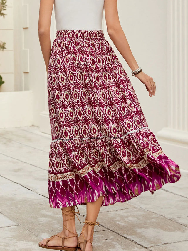 Bohemian Printed Ruched Maxi Skirt.