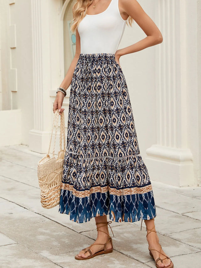 Bohemian Printed Ruched Maxi Skirt.