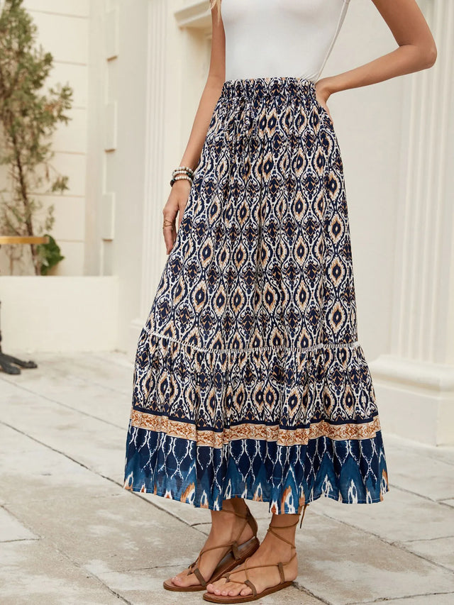 Bohemian Printed Ruched Maxi Skirt.