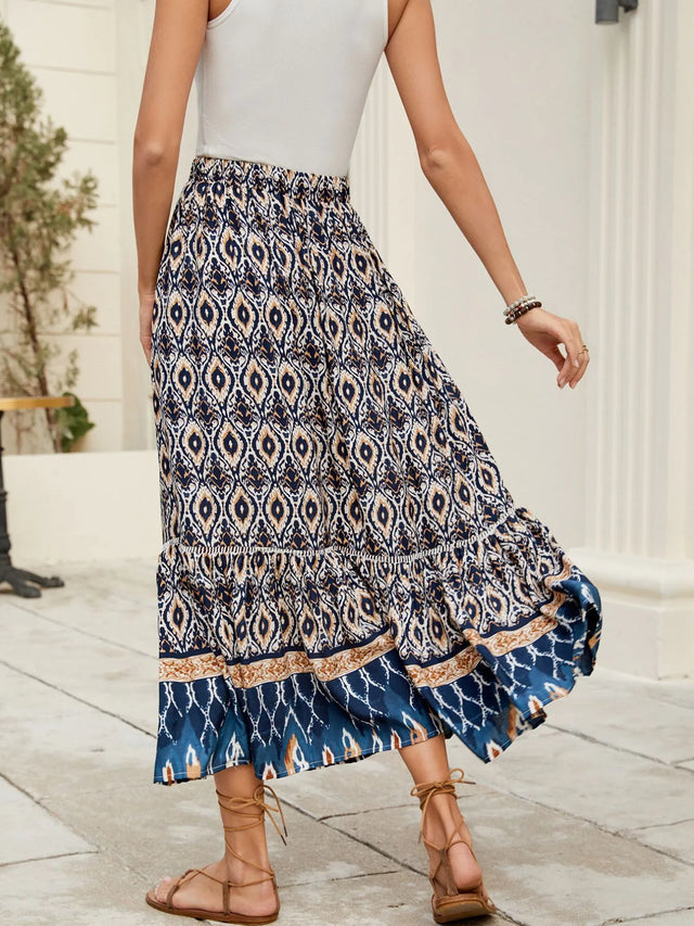 Bohemian Printed Ruched Maxi Skirt.