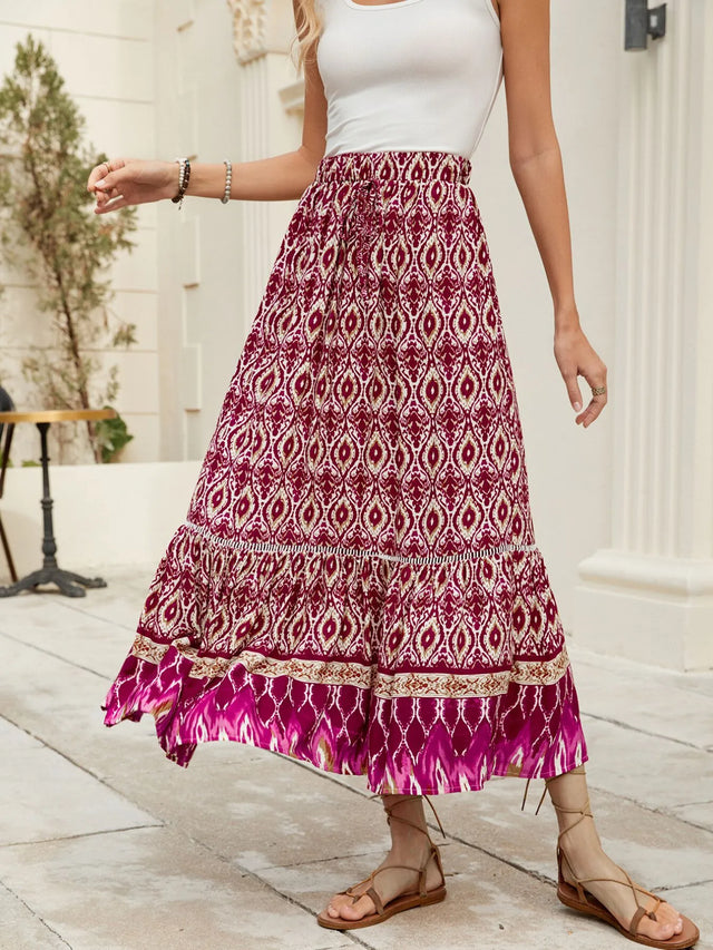 Bohemian Printed Ruched Maxi Skirt.