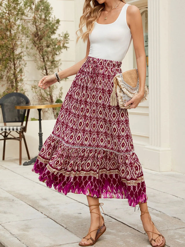 Bohemian Printed Ruched Maxi Skirt.