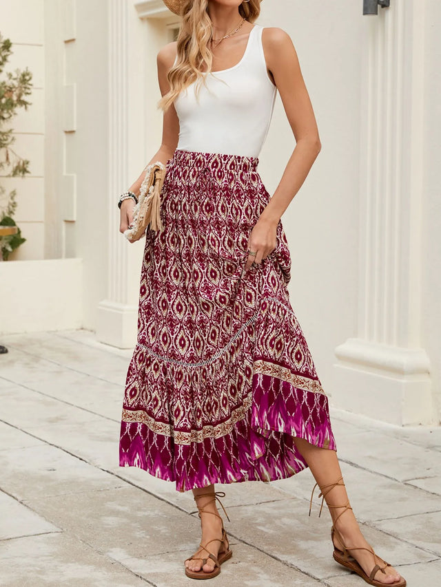 Bohemian Printed Ruched Maxi Skirt.