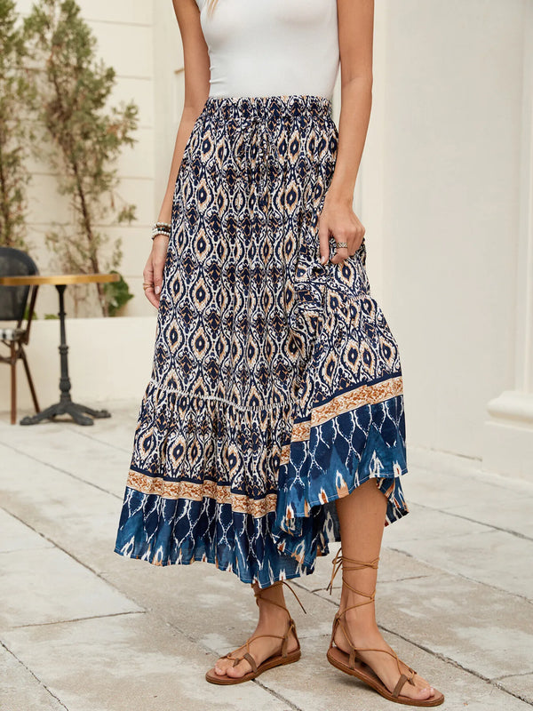 Bohemian Printed Ruched Maxi Skirt.