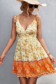 Bohemian Tie Shoulder Surplice Backless Mini Dress.